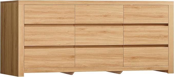 TEENFON 63" Dresser for Bedroom with 9 Drawers, Modern Dressers & Chests of Drawers with Metal Handles, Wooden Dresser TV Stand, Bedroom Dressers, for Bedroom, Hallway, Natural