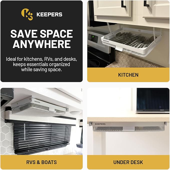 Anything Keeper - Compact Under-Cabinet Slide-Out Storage Drawer for Kitchen, Office, Desk, RV & Small Spaces | Hidden Organizer, Sturdy Steel, Easy Screw-In Mount, Fits 11x10x2.5 in - White