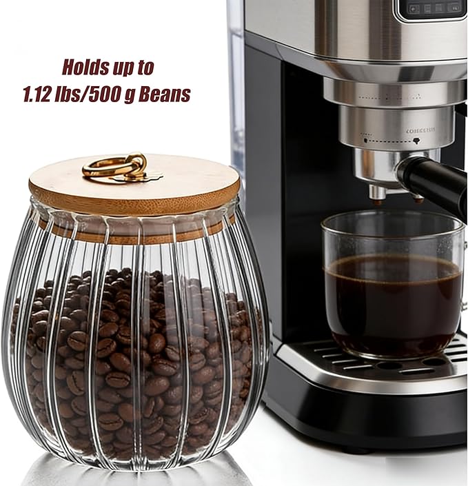 FANTESTICRYAN Glass Coffee Nuts Canister Airtight Storage Jar Petal Decorative Container with Bamboo Lid Metal Handle Easy to Grasp 1600ml, 54 FL OZ (Large Oval)
