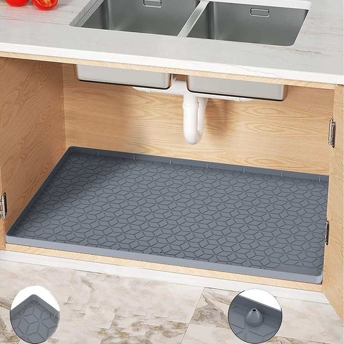 Under Sink Mats 34"x22" for Kitchen, Silicone Waterproof Liner, Sink Silicone Tray with Drain Hole, Storage and Organizers, Cabinet and Counter Protector,Litter Mat, Pet Cat Puppy Essentials