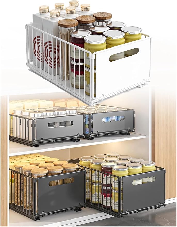Pull Out Drawers for Cabinets Under Kitchen Sink Storage Organizer No Drill Adjustable Baskets for Cupboard Bathroom(2pcs-Milk-10 cm)