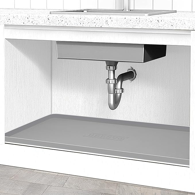 BEESVO Under Sink Mats for Kitchen Waterproof, 28" x 22" Silicone Under Sink Liner Kitchen & Bathroom Cabinet Protector Mat, Heavy Duty Flexible Under Sink Drip Tray with Lip, Cool Grey