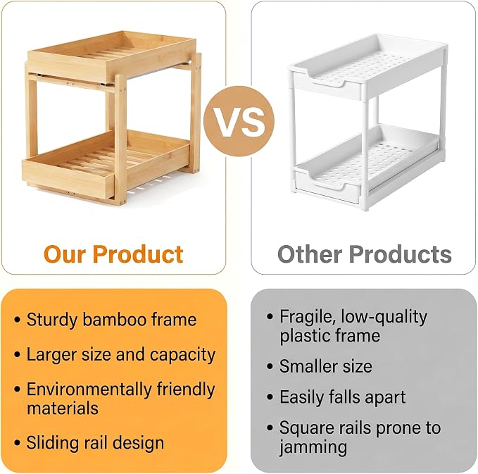 Bamboo Under Sink Storage 2 Tier Pull Out Cabinet Organizer Slide Out Under Sink Storage Shelf Undersink Organizers Shelves for Kitchen Bathroom Organization (Nature, 2 Pack)