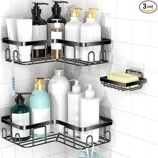 Moforoco Corner Shower Caddy Shelf Organizer Rack, Self Adhesive Black Bathroom Shelves Basket, Home Wall Shower Inside Organization and Storage Decor RV Accessories, First Apartment Essentials