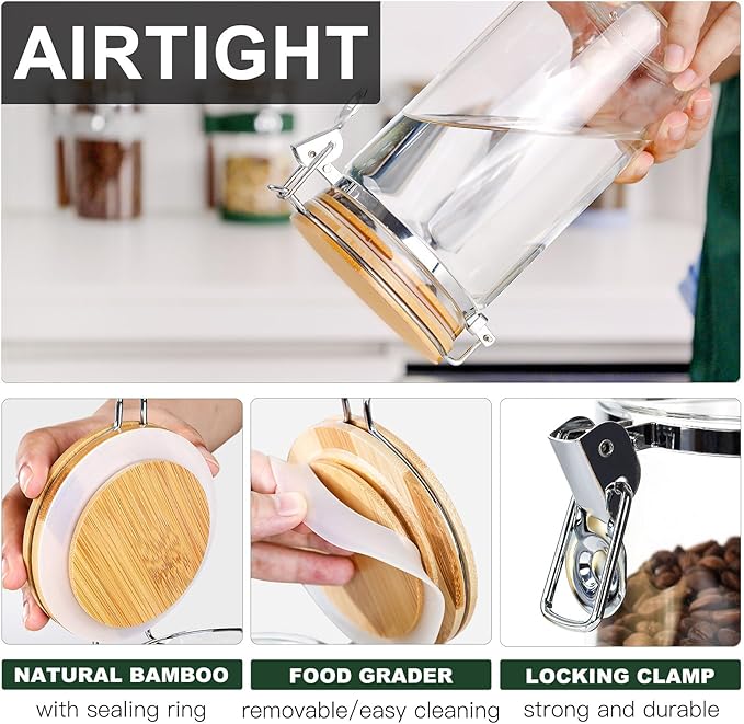 KKC Nut Storage Containers with and Scoops, 2 Pack (50 oz / 1.5L) - Glass Nut Jars with Bamboo Lids, Kitchen Counter Nut Storage for Almonds Cashews Walnuts