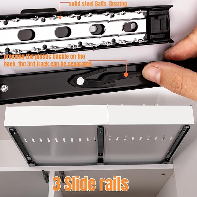 Expandable Metal Pull Out Cabinet Organizer 21"Deep with Raising Pad for Framed Cabinets/Pantry,Upgrade 3 Slide Rails Sliding Drawer for Cabinets with Adhesive Adjustable Width 12.05"-20.4"White 2P