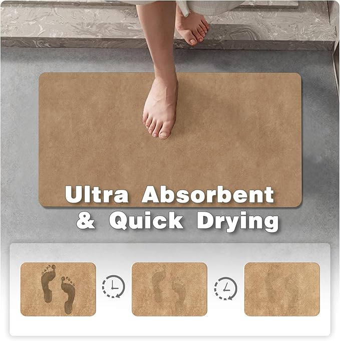 TYUU Bathroom Mat Quick Dry, Bathroom Rugs Non Slip Washable Thin Absorbent Bath Mat Fits Under Door Bathroom Floor Mat Perfect for Bath, Shower, or Sink 17"x59" Camel