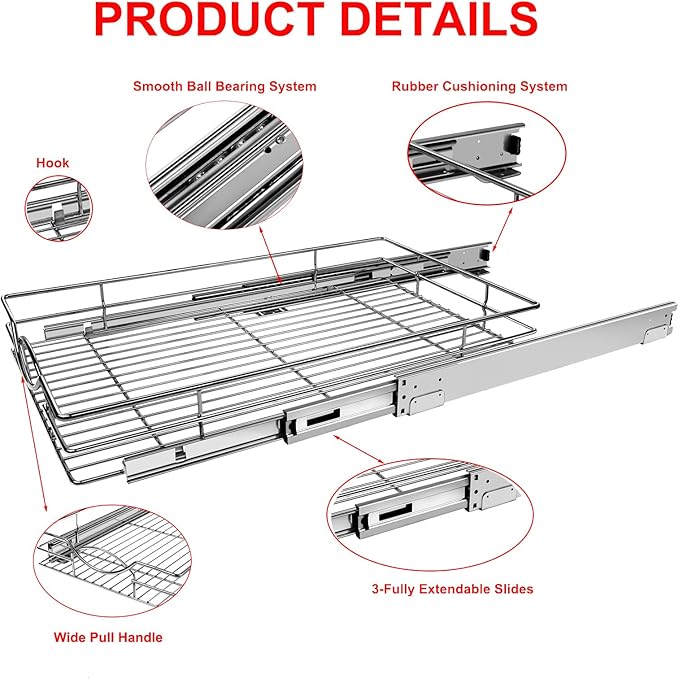 Sikarou Pull Out Cabinet Organizer 26" W x 21" D, Heavy Duty Kitchen Cabinet Pull Out Shelves, Slide Out Wire Basket for Kitchen Cabinets, Bathroom, Pantry, Chrome Finish
