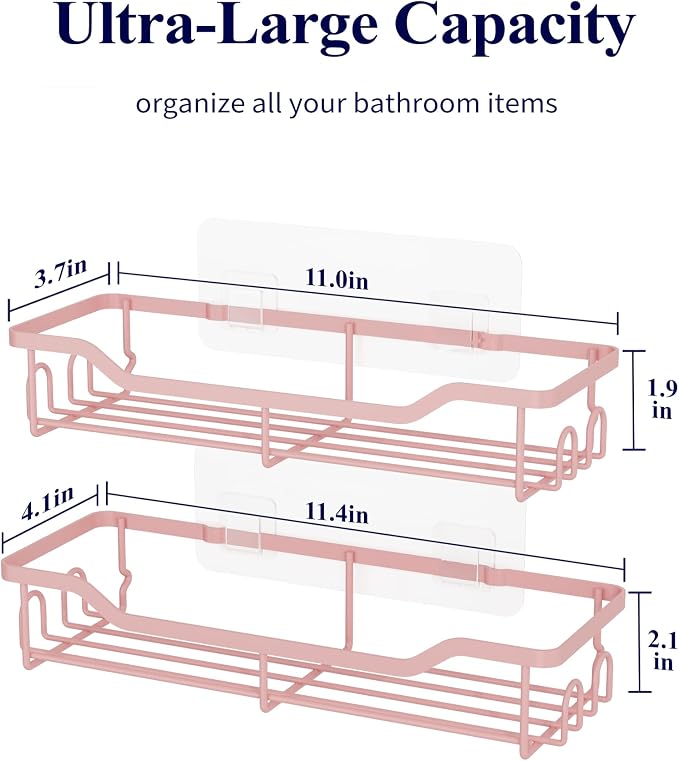 Kitsure Shower Caddy Large - Adhesive Shower Organizer, Stainless Steel Shelf for Inside Shower, No Drill Bathroom Organizers and Storage, Home Decor Accessories, 2 Pack, Pink