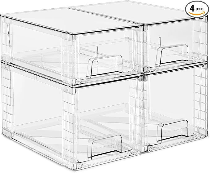 Sorbus Stackable Clear Storage Drawers, 4 Pack (2 Medium + 2 Small) Pull-Out Organizer Bins – Plastic Drawer Organizers for Bathroom, Vanity, Makeup, Under Sink & Countertop Organization