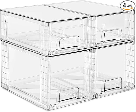 Sorbus Stackable Clear Storage Drawers, 4 Pack (2 Medium + 2 Small) Pull-Out Organizer Bins – Plastic Drawer Organizers for Bathroom, Vanity, Makeup, Under Sink & Countertop Organization