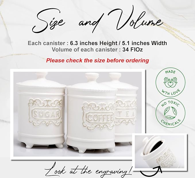 25DOL 35 Ounce Elegant Ceramic Kitchen Canisters Set of 3 - Beautifully Engraved Coffee Tea Sugar Storage Containers Airtight with Feet for Added Style and Stability - Ceramic Jar with Airtight Lid