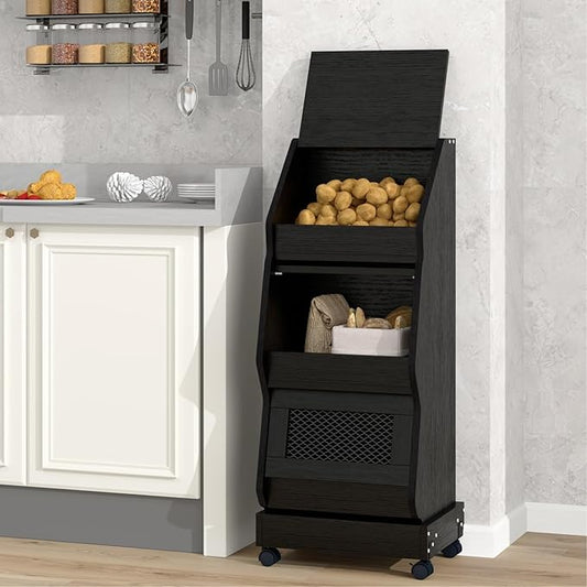 ARTETHYS Potato and Onion Storage Bin with Wheels Black Movable Bread Box with Lid Onion Organizer with Grocery Section Decorative Vegetable Organization Cabinet for Kitchen