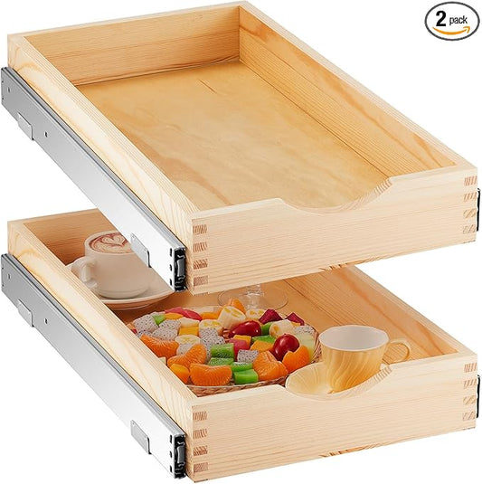 Menkxi 2 Set Wooden Pull out Cabinet Organizer Fully Assembled Slide out Pantry Drawer with Gentle Close Storage Shelf Tray for Base Kitchen Under Sink Bathroom Accessory(Wood Color,12'' X 21'' X 3")
