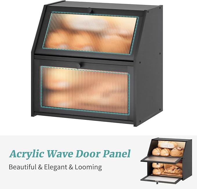 Extra Large Black Bread Box for Kitchen Counter, Large Bamboo Wood Double Layer Bread Box, Wooden Bread Storage Capacity