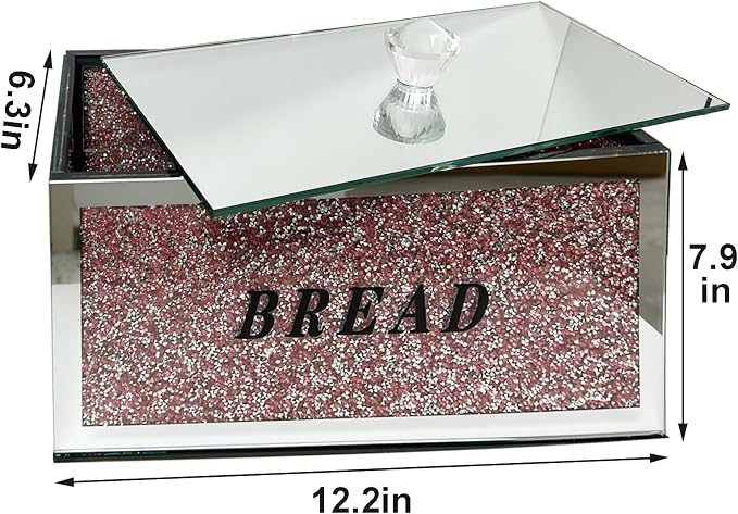 Large Crystal Glass Bread Container Box with Lid, 12.2" L x 6.3" W x 7.9" H Homemade Bread Storage, Crushed Diamond Home Decor, Keep Bread Fresh Clean, Bread Bin for Kitchen Countertop (Pink)