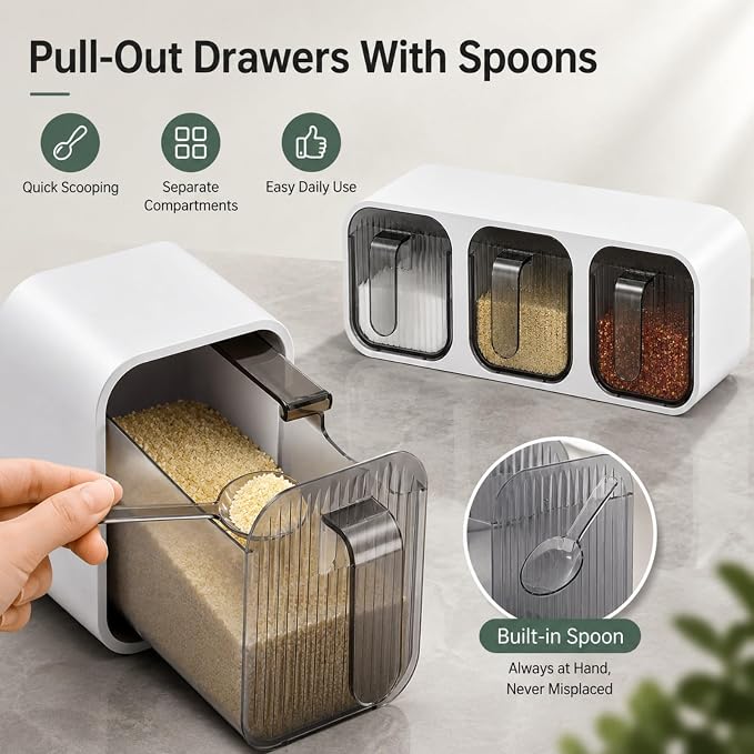 Wall Mounted Spice Box Organizer with Spoons, No Drill Kitchen Seasoning Containers for Salt Sugar Pepper, Pull Out Seasoning Storage Holder for Countertop Cabinet Pantry (White 2 Compartments)