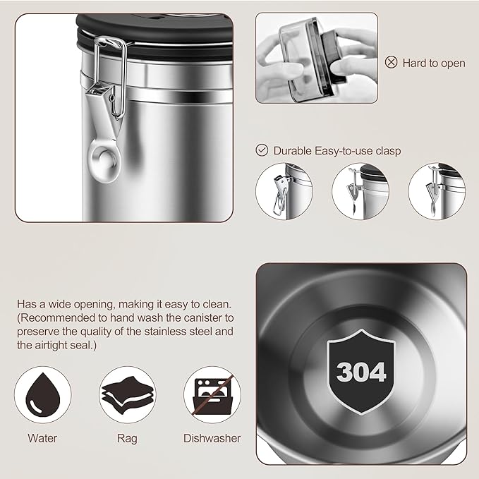 ShanSon Coffee Canister Airtight, Stainless Steel Bean Storage Container with Date Tracker & Scoop, Grounds Sugar Flour Tea Cereal Fits Kitchen Pantry, Ideal Gift for Coffee Lovers,16oz,Silver