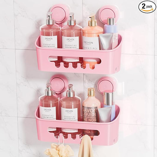 LEVERLOC Shower Caddy Suction Cup 2 Pack, Shower Organizer Removable Bathroom Shelf, Storage for Inside Shower Powerful Suction Max Hold 22lbs Waterproof Holder, Pink
