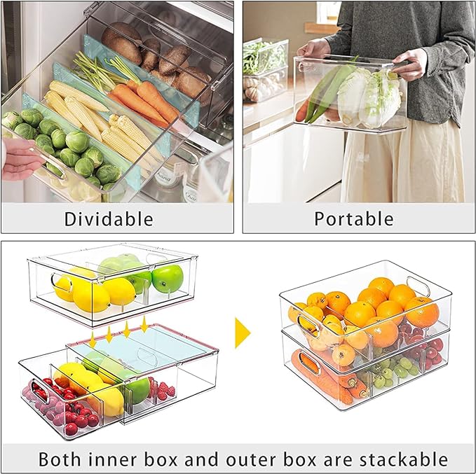 2Pack Stackable Fridge Drawers Pull-Out Bins Divided Produce Saver Containers for Refrigerator Storage Organizers for Veggie Fruit Berry Pantry Cabinet Makeup Clothes