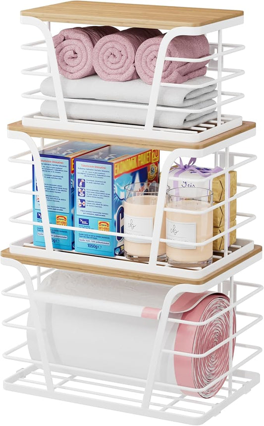 TIDIIABODE 3 Pack Trash Bag Holder Dispenser,Kitchen Organization and Storage, Stackable Storage Bins with Lids, White