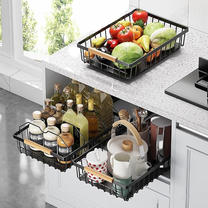 Pull Out Cabinet Organizer, No Drill Sliding Drawer Shelf for Kitchen & Bathroom | Heavy Duty Roll Out Storage Basket with Silent Damping Rails, Spill-Proof Design - F