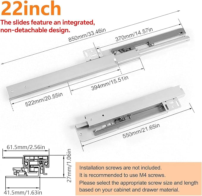 Undermount Shelf Drawer Slide Soft Close Bottom Support Under Mount Pull Out Drawer Track Full Extension Slide Out Drawer Glide Shelf Bracket for Kitchen Cabinet Trash Can Without Side Panel