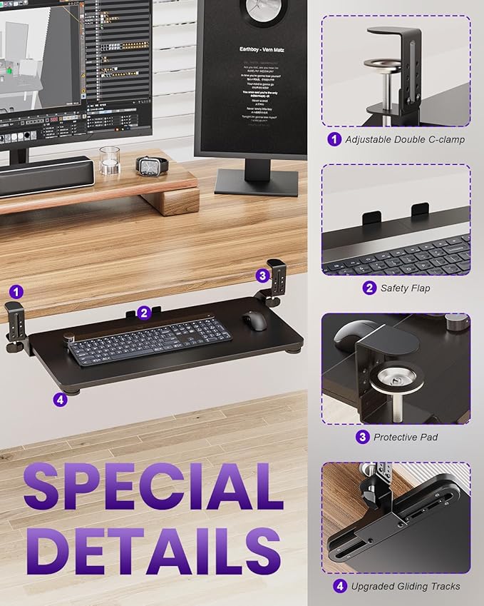 Ergonomic Keyboard Tray Under Desk, Pull Out with Adjustable C-clamp, 25.6 (31.5 Including Clamps) x 11.8 Inch Slide Out Computer Keyboard Drawer Mouse Tray for Typing, Large & Black