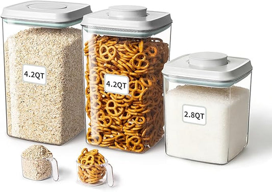 Ankou Food Storage Container Sets, 2.8 Qt + 4.2 Qt *2 Airtight Canisters with Lids and 130ml Scoop, BPA-Free Plastic Pantry Containers for Flour, Sugar, Rice