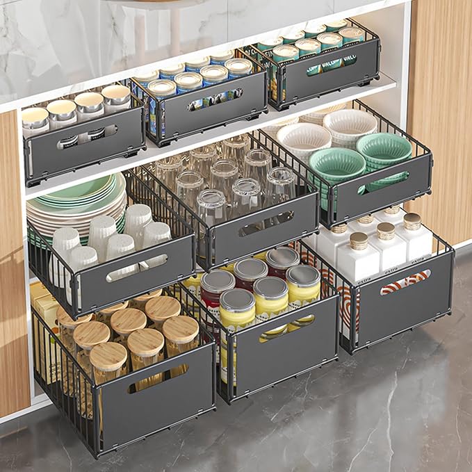 2Pcs Pull Out Cabinet Organizer, Pull out drawers for cabinets with EVA Adhesive Tape, Heavy Duty Sliding Kitchen Organizers and Storage, Suitable for Pantry, Bathroom, Bedroom BlackL