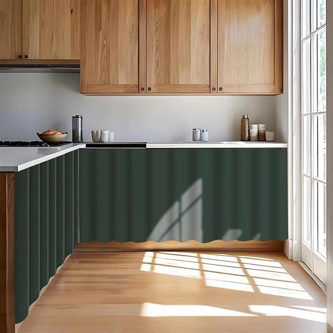 Under Sink Curtain for Closet, Privacy Short Cabinet Curtain Self Stick Adhesive Desk Skirt for Kitchen Classroom, Dark Green, 35" W x 20" L