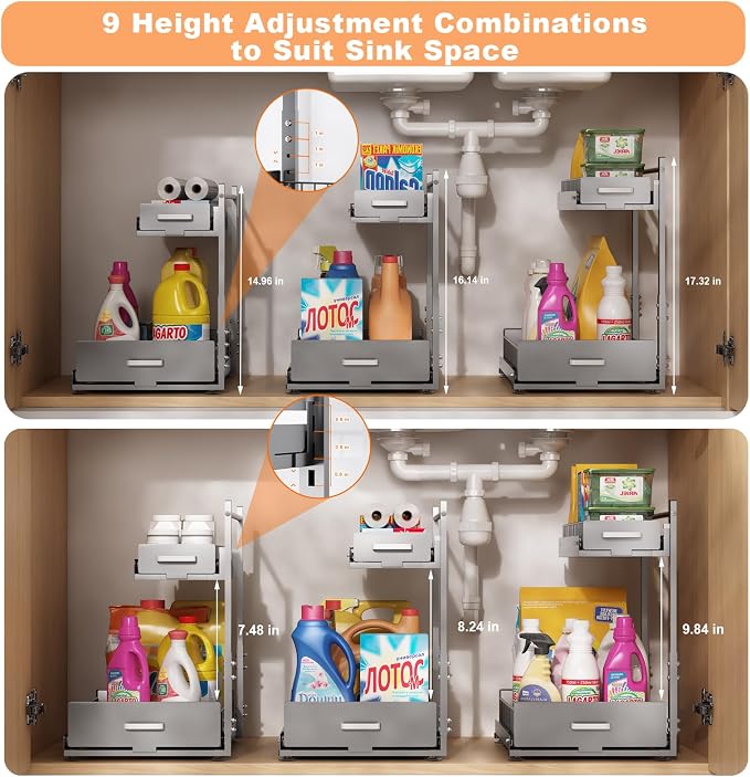 Under Sink Organizer, 2 Tier Slide Out Cabinet Organizer with Pulley, Height Adjustable Pull Out Shelf for Kitchen, Bathroom, Laundry and Utility Storage, Gray, 1 Pack
