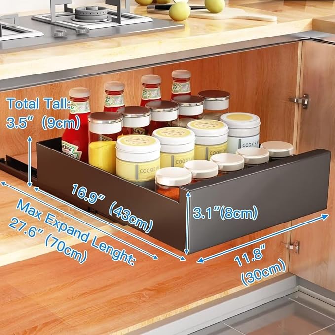 Pull Out Cabinet Telescopic Sliding Drawer Extendable Pullout Storage for Cupboard Drill Free Installation 25cm W x 43cm D x 9cm H Black Kitchen Solution，Black 30cm