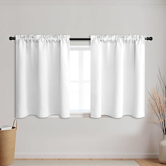 KOUFALL Small Window Curtains White Short 30 Inch Length Semi Blackout for Kitchen Bathroom Door Laundry Room
