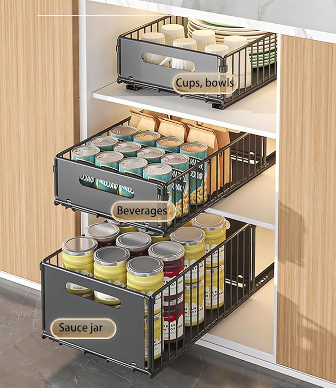YunNasi Pull Out Cabinet Organizer Slide Out Drawer Storage Shelves Cupboard Organiser Sliding Cabinet Basket for Kitchen No Drilling and Nailing (Black, 2Piece 9.8" W X 15" D X 3.9" H)