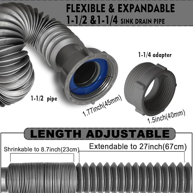 Flexible Expandable Double P-Trap Kit for 1 1/2" or 1 1/4" Double Bowl Sink Drain, Tube Pipes Kit Fit for Kitchen, Bathroom, Complete with Sealing Ring, Tape, and Tubing