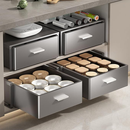 No Drill Pull Out Cabinet Organizer, 4 Pack Slide Out Drawer with Nano Film Fixed, Heavy Duty Sliding Pantry Storage Drawer-Gray-30x41x17.2cm