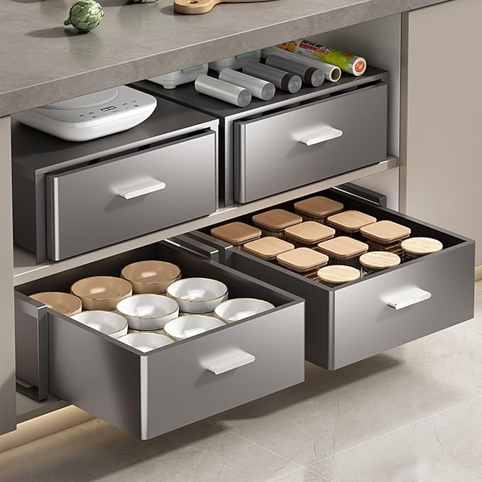 No Drill Pull Out Cabinet Organizer, 4 Pack Slide Out Drawer with Nano Film Fixed, Heavy Duty Sliding Pantry Storage Drawer (Gray 40x41x17.2cm)