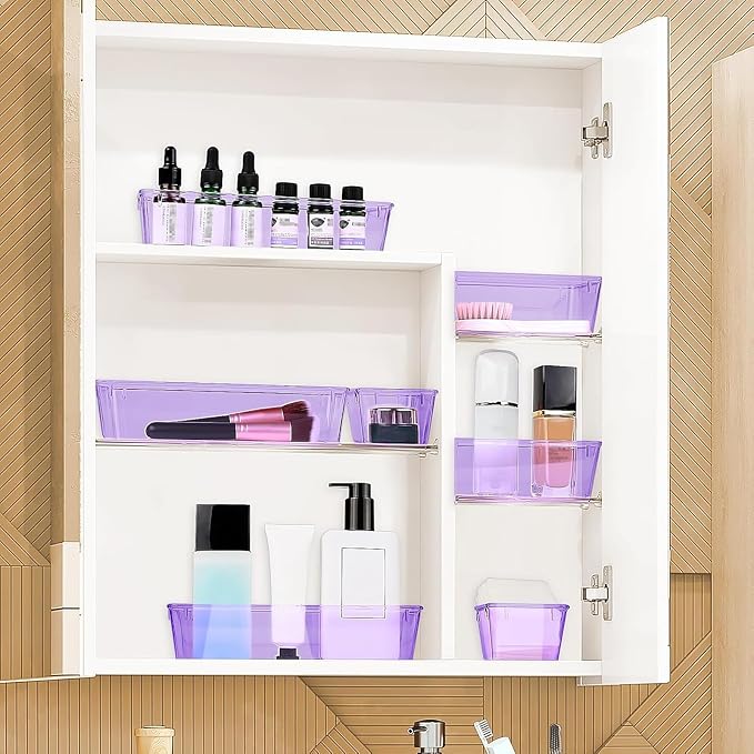 StorMiracle 25 PCS Drawer Organizer Set, 4 Varied Size Bathroom and kitchen Drawer cabinet organizer Trays, Clear Storage Bins for Makeup, Jewelry, Utensils and Gadgets， Purple