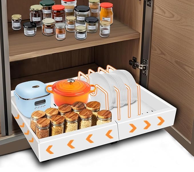 Expandable Metal Pull Out Cabinet Organizer 21"Deep with Raising Pad for Framed Cabinets/Pantry,Upgrade 3 Slide Rails Sliding Drawer for Cabinets with Adhesive Adjustable Width 12.05"-20.4"White 1P