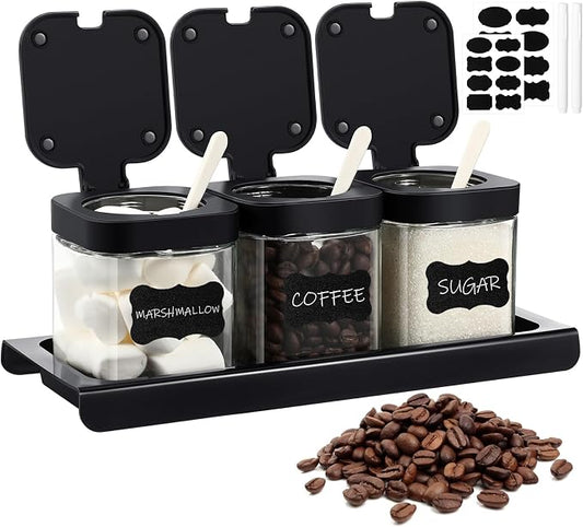 Suclain 3 Pcs Glass Coffee Containers Coffee Station Organizer Set, Airtight Bean Storage Jars with Shelf,labels,spoon, Base and Pen,for Sugar, Candy, Oats, Nuts(Black)