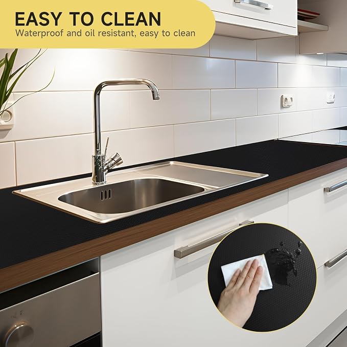 WochiTV Adhesive Shelf Liner 17.5 X 240 Inches Peel and Stick Kitchen Liner for Cabinets, Drawers Removable Protector Mat Waterproof Contact Covering for Dresser Pantry Countertops Shelves, Black