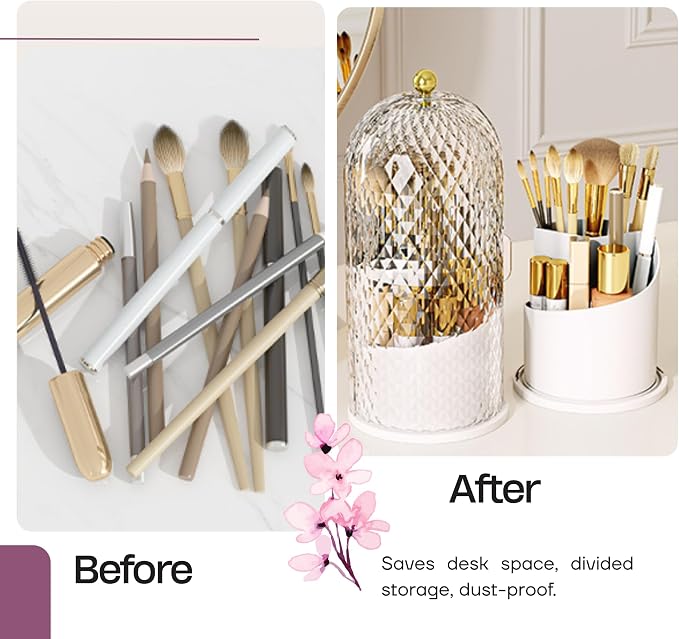 LEFEEL Lumière Mini 360 Rotating Makeup Organizer with Lid, Diamond Cut Cosmetic Organizer - Dustproof Vanity Organizer for Makeup Brushes, Toothbrush & Bathroom Countertop （White