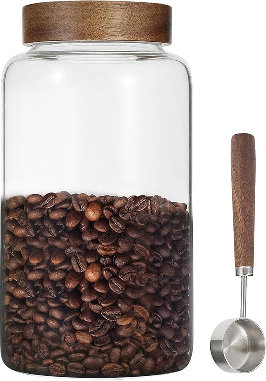 Large Glass Coffee Jars with Spoon,Round Storage Canister with Wooden Lid Clear Glass Food Jar for Pantry Sugar Tea Coffee Bean Spice Nuts Cookies Bath Salts (2300ml/77oz)