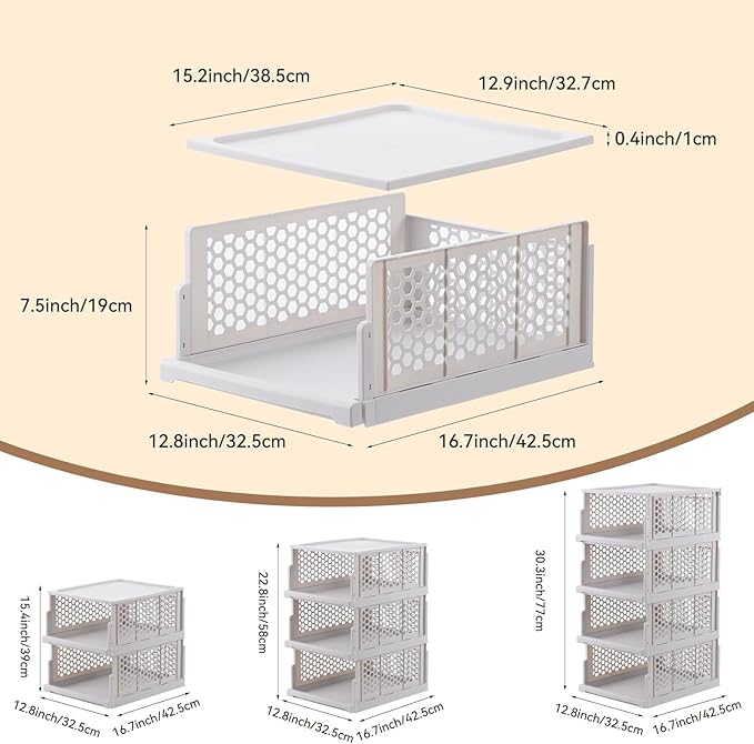 Pull-out Plastic Storage Basket with a Lid,Stackable Closet Organizers Drawer Anti-Tipping,Stable Shelf Container for Bathroom Laundry Room Storage, Space-Saving Clothes Storage ,White Gray,2 pack
