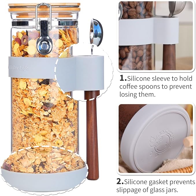 KKC 1.5-Quart Large Glass Nuts Storage Container, Airtight Food Storage Jar with Bamboo Lid & Scoop, Keeps Nuts Crunchy & Fresh, Perfect for Pantry Organization & Storing Nuts, Almonds, Peanuts