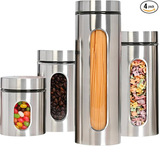JS Gourmet 4 Pcs Stainless Steel Canisters Set for Kitchen with Glass Window and Airtight Lid, Perfect for Storing Coffee, Spaghetti, Sugar, Beans and Dry Ingredients (Silver)