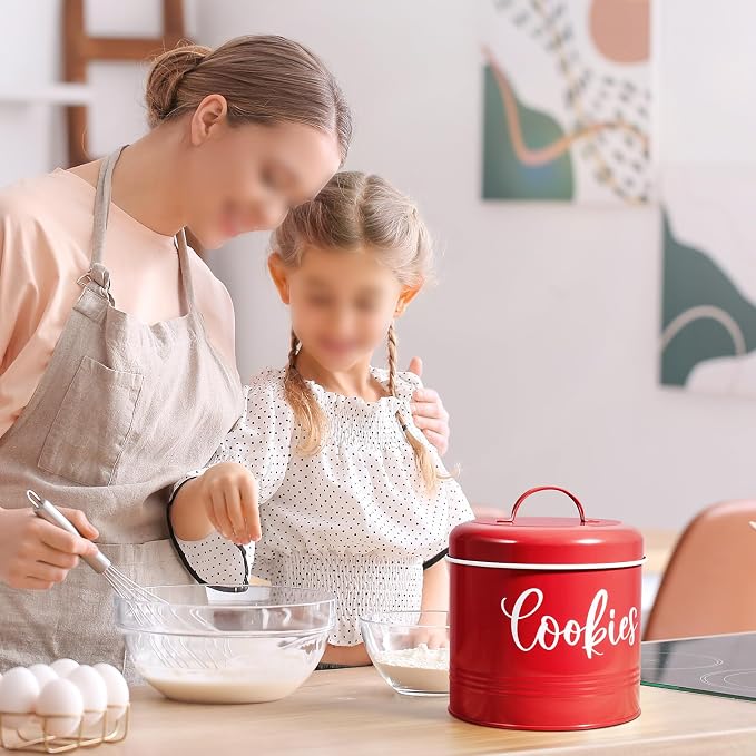 DAYYET Farmhouse Cookie Jar for Kitchen Counter, 1 Gallon Vintage Cookie Jar with Airtight Lid, Large Food Storage Container for Candy, Cookies, Dessert, Red Kitchen Decor and Accessories