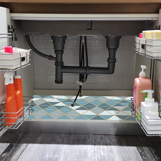 Under The Sink Mat, 24 X 36 in, Durable & Waterproof Premium Mats to Protect Kitchen & Bathroom Cabinets, Absorbent & Easy to Clean Shelf Liner(Blue & White)