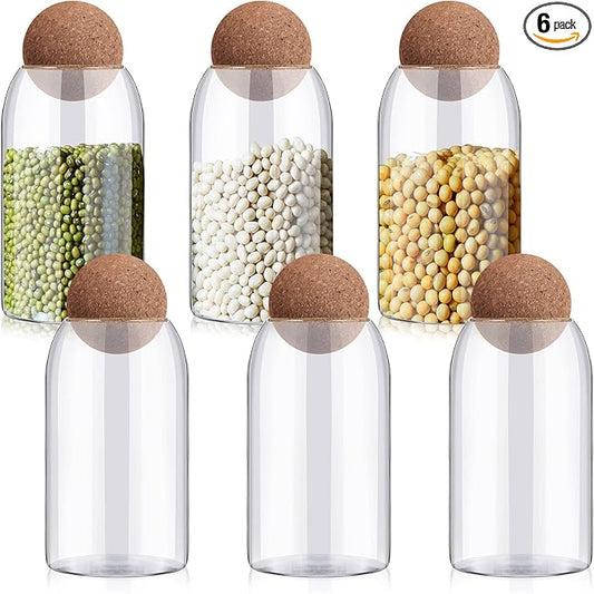 Suclain 6 Pcs Glass Jars with Cork Ball Lid Farmhouse Kitchen Canisters Coffee Bar Countertop Container Rustic Storage Jars for Bean Nut Sugar Coffee Tea Organizer Housewarming Gift (25 oz)